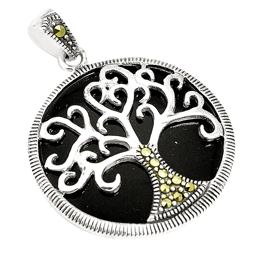 Natural black onyx marcasite 925 silver tree of life pendant a80479