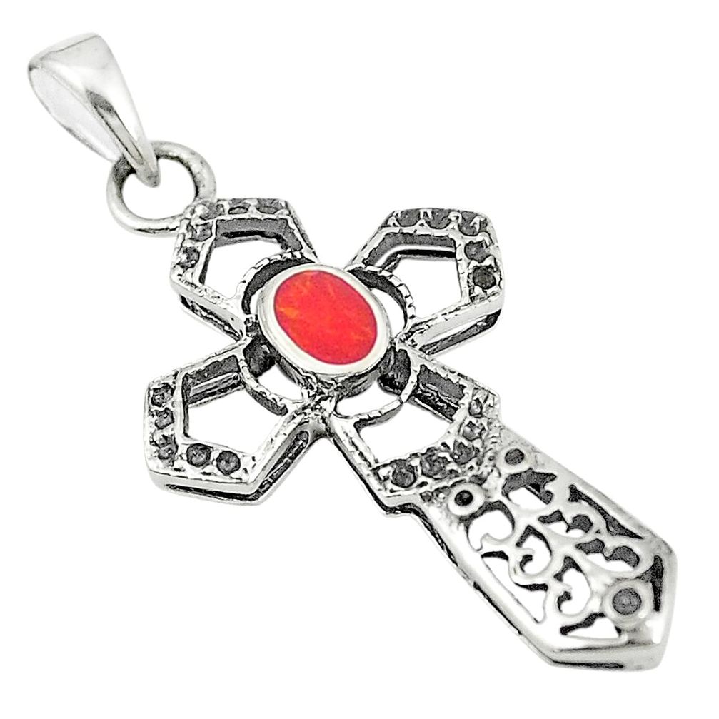 Red coral enamel 925 sterling silver holy cross pendant jewelry a83525