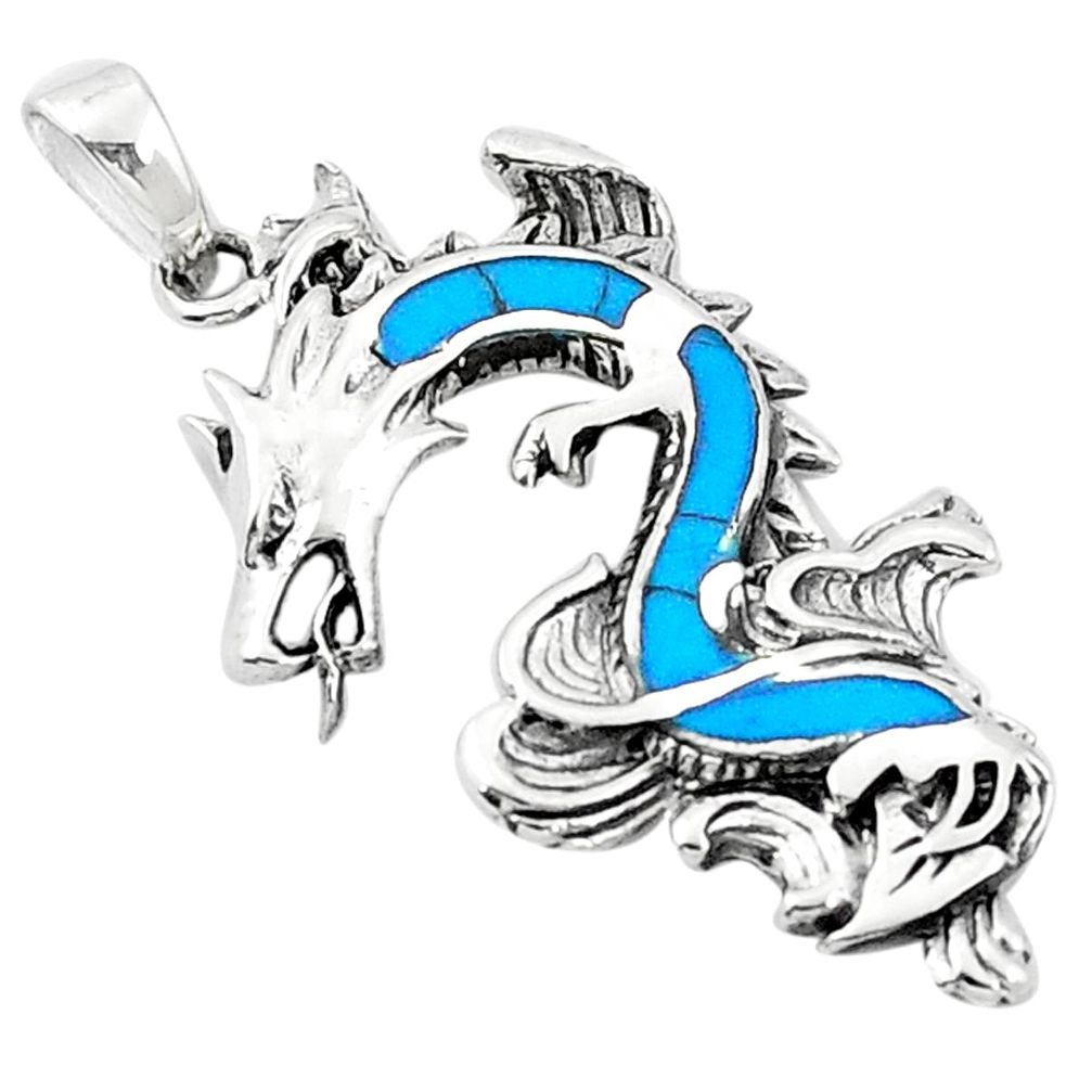 Fine blue turquoise enamel 925 sterling silver dragon pendant a83528