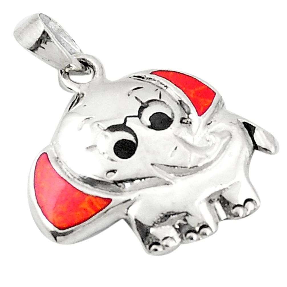 Red coral onyx enamel 925 sterling silver elephant pendant a83536