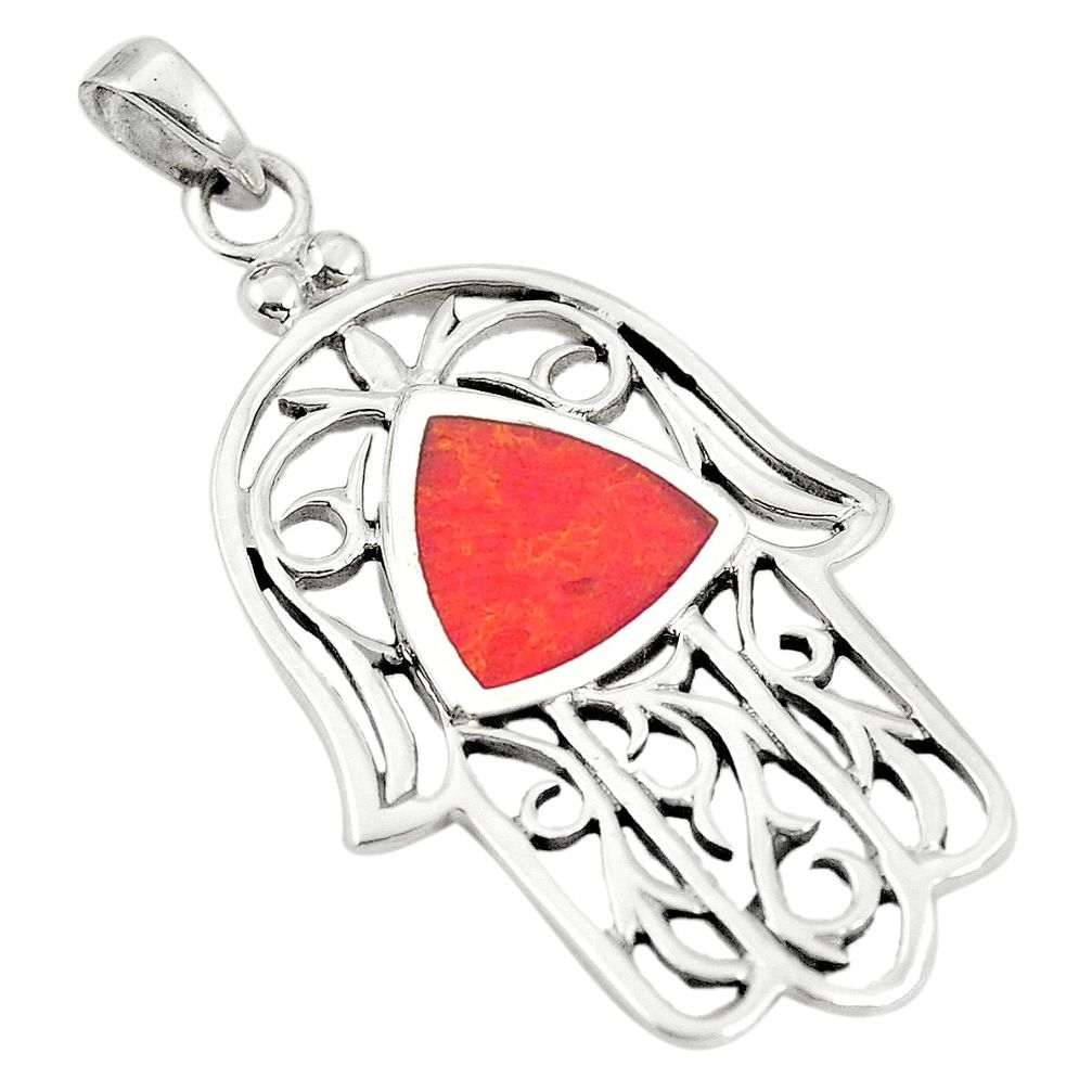 Red coral enamel 925 sterling silver hand of god hamsa pendant a83541
