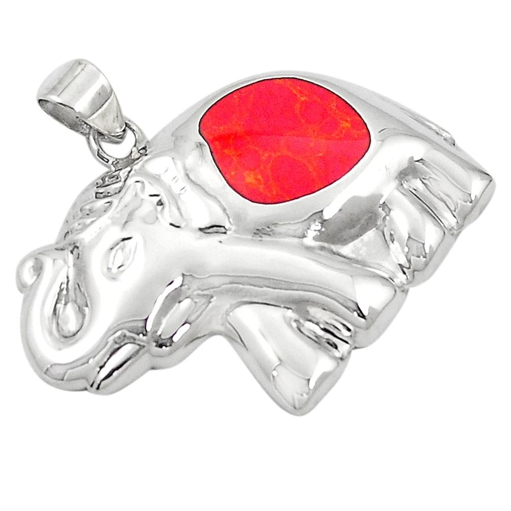 Red coral enamel 925 sterling silver elephant pendant jewelry a83549