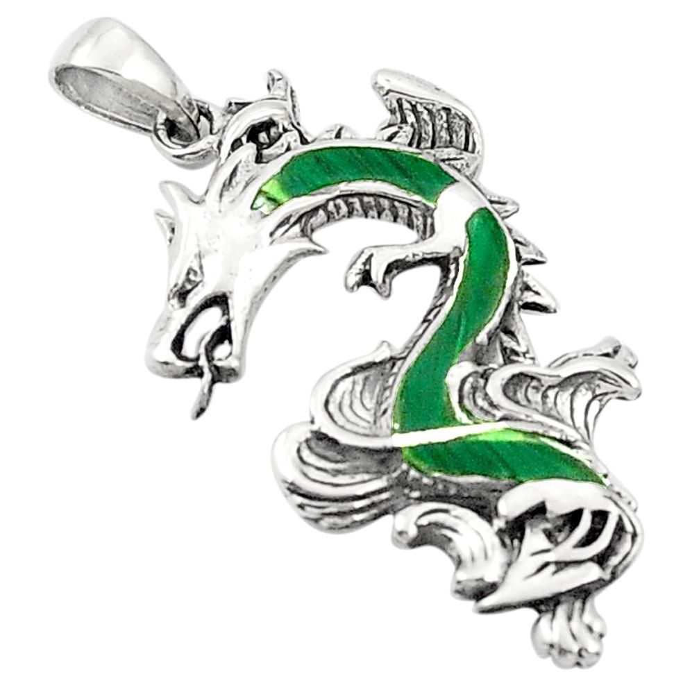 Green malachite (pilot's stone) 925 sterling silver dragon pendant a83553