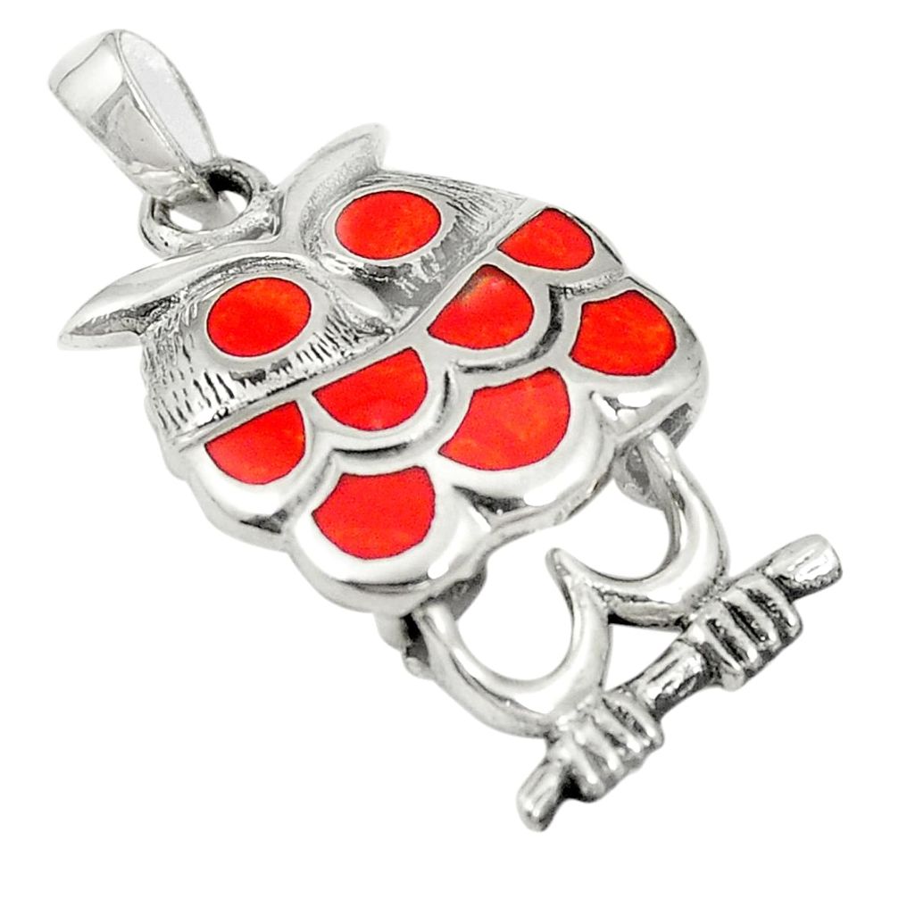 Red coral enamel 925 sterling silver owl pendant jewelry a83555