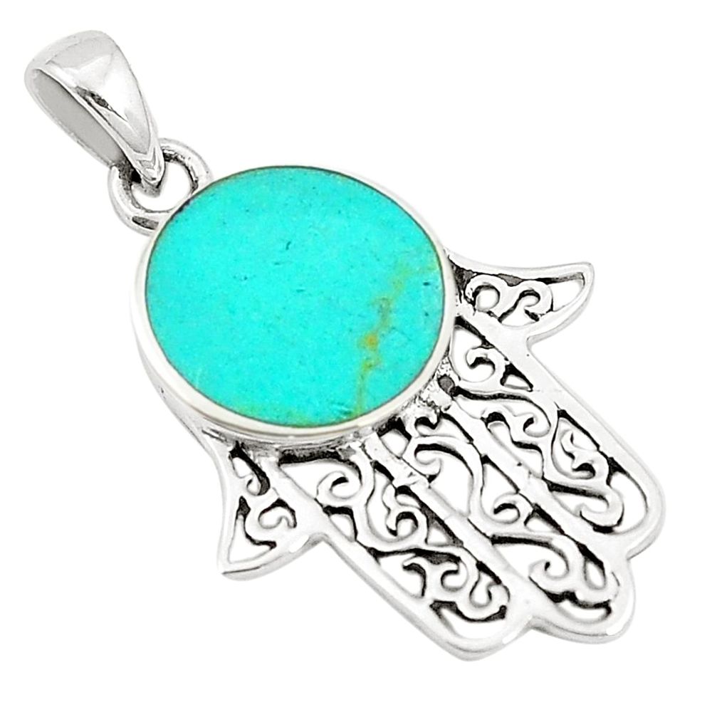 Fine green turquoise enamel 925 silver hand of god hamsa pendant a83558