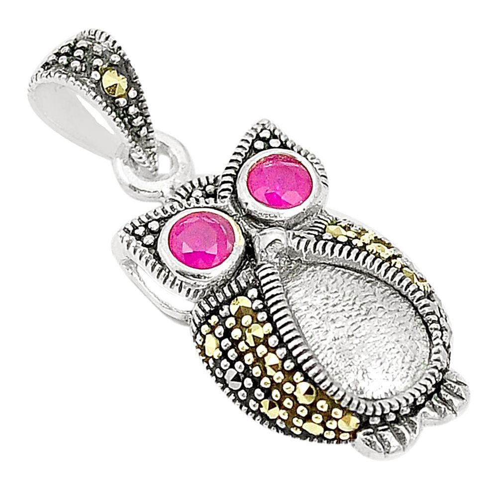 Red ruby quartz marcasite 925 sterling silver owl pendant jewelry a83909