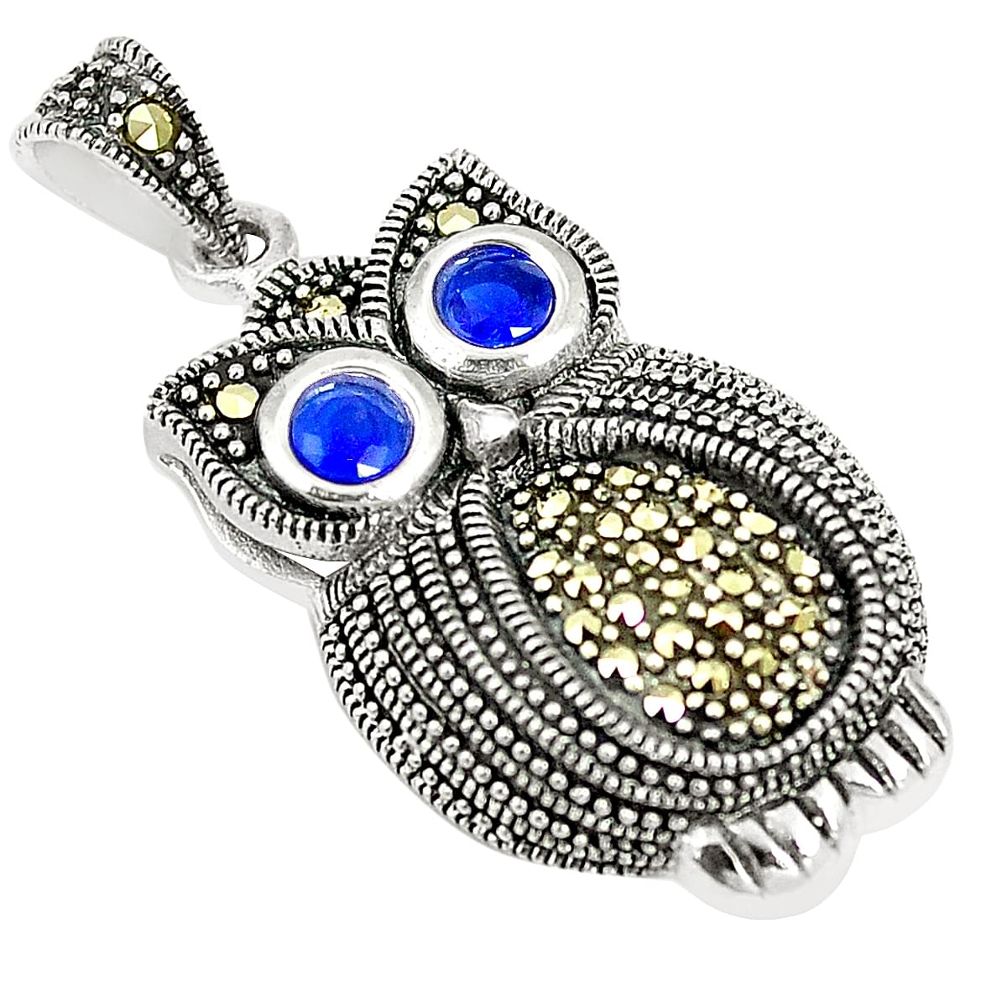 Blue sapphire quartz marcasite 925 sterling silver owl pendant a83924