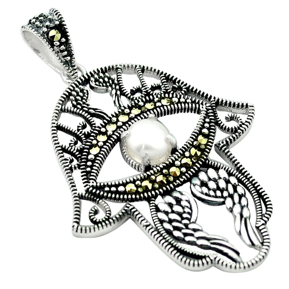925 silver fine natural white pearl round hand of god hamsa pendant a83940