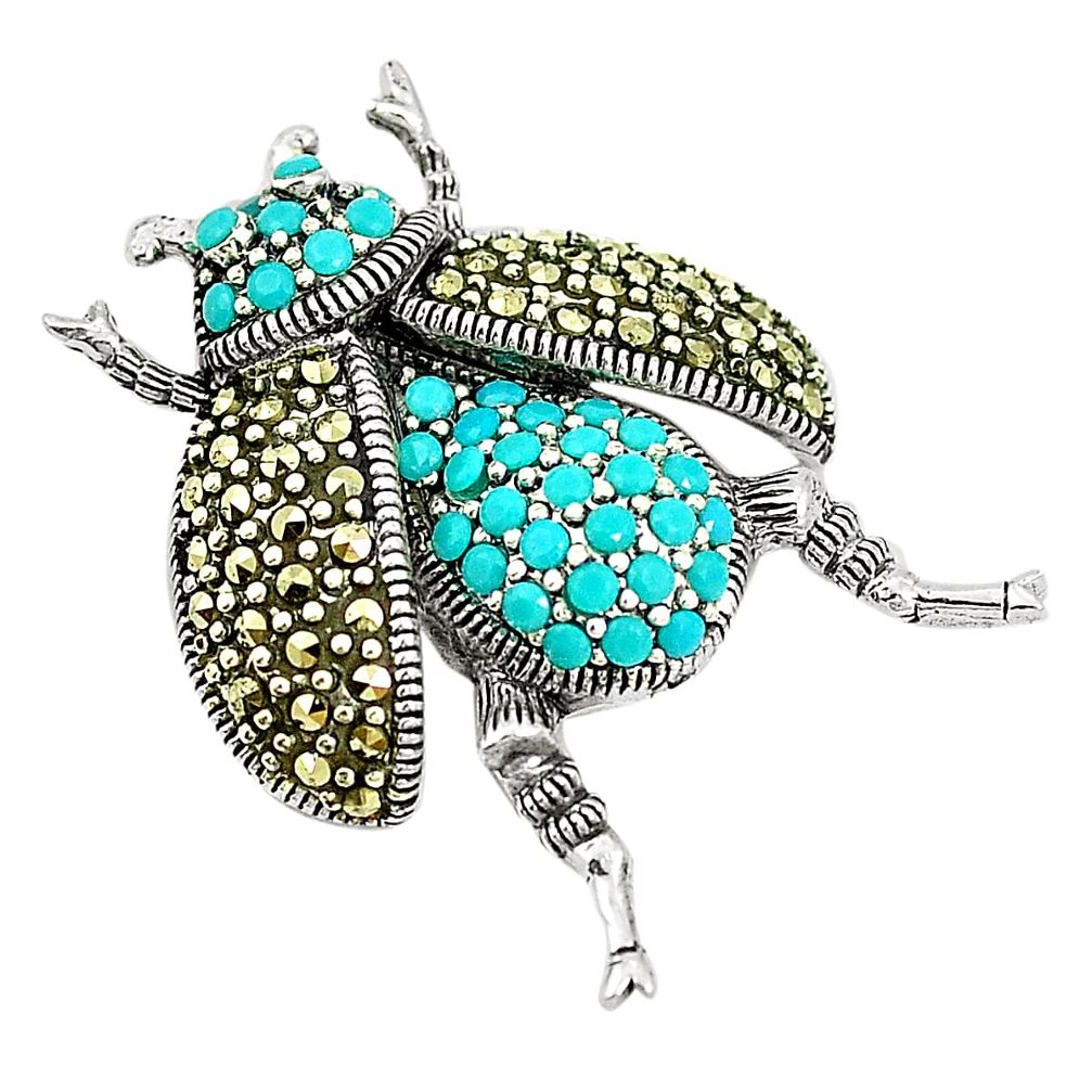 Fine green turquoise marcasite 925 silver honey bee pendant a83957