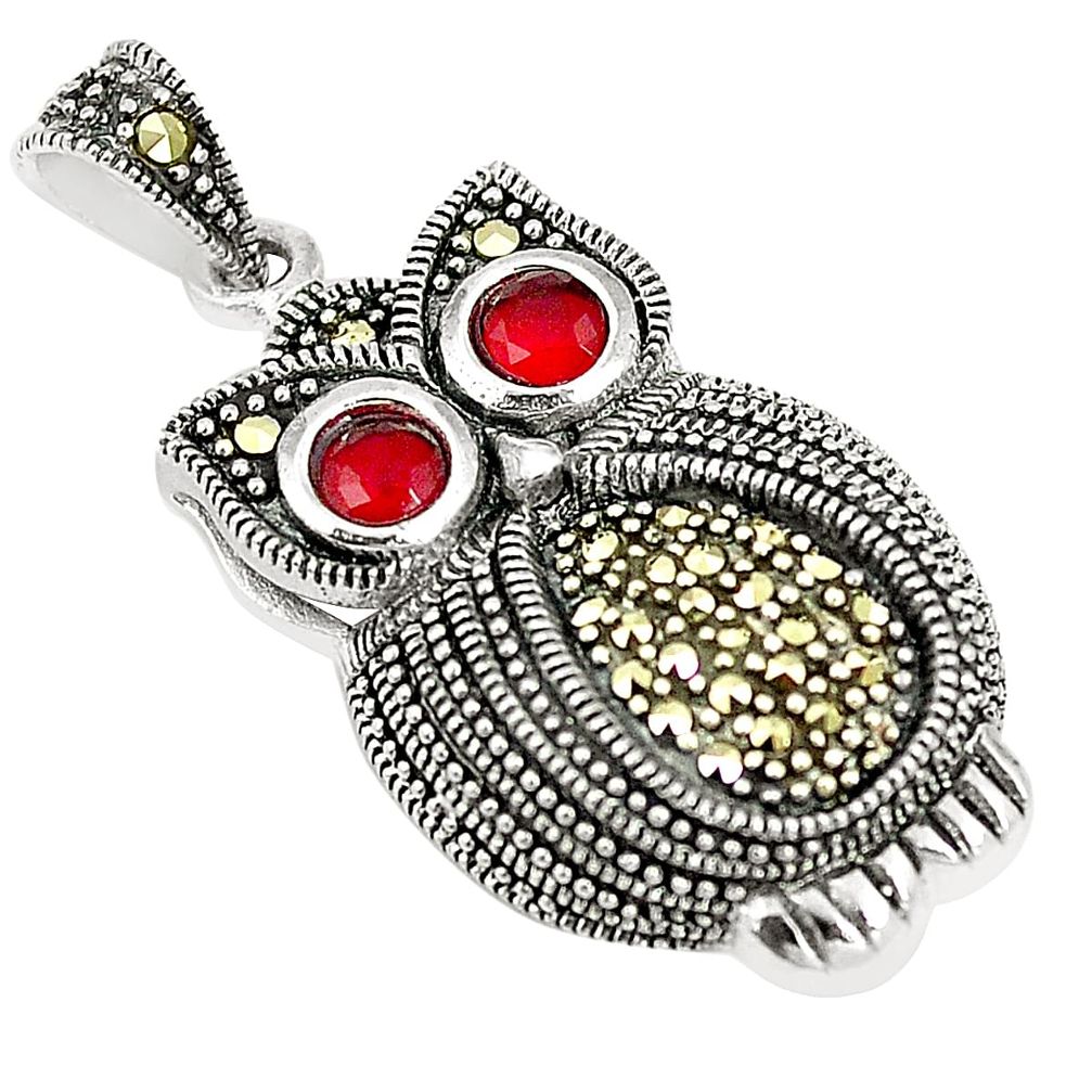 Red ruby quartz marcasite 925 sterling silver owl pendant jewelry a83970