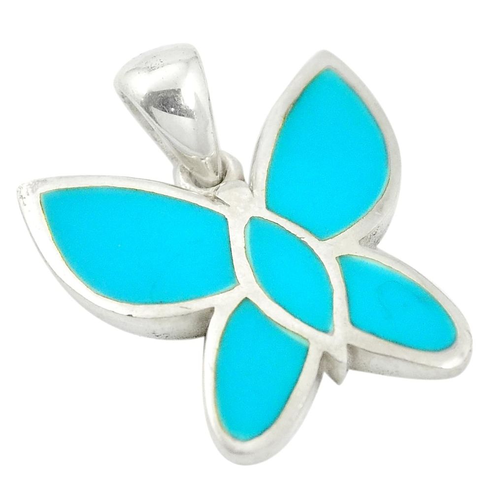 Fine blue turquoise enamel 925 sterling silver butterfly pendant a85456