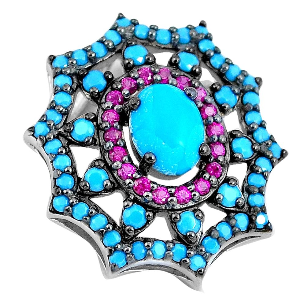 Blue sleeping beauty turquoise red ruby quartz 925 silver pendant a86527