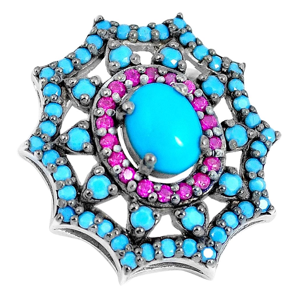 Blue sleeping beauty turquoise red ruby quartz 925 silver pendant a86587