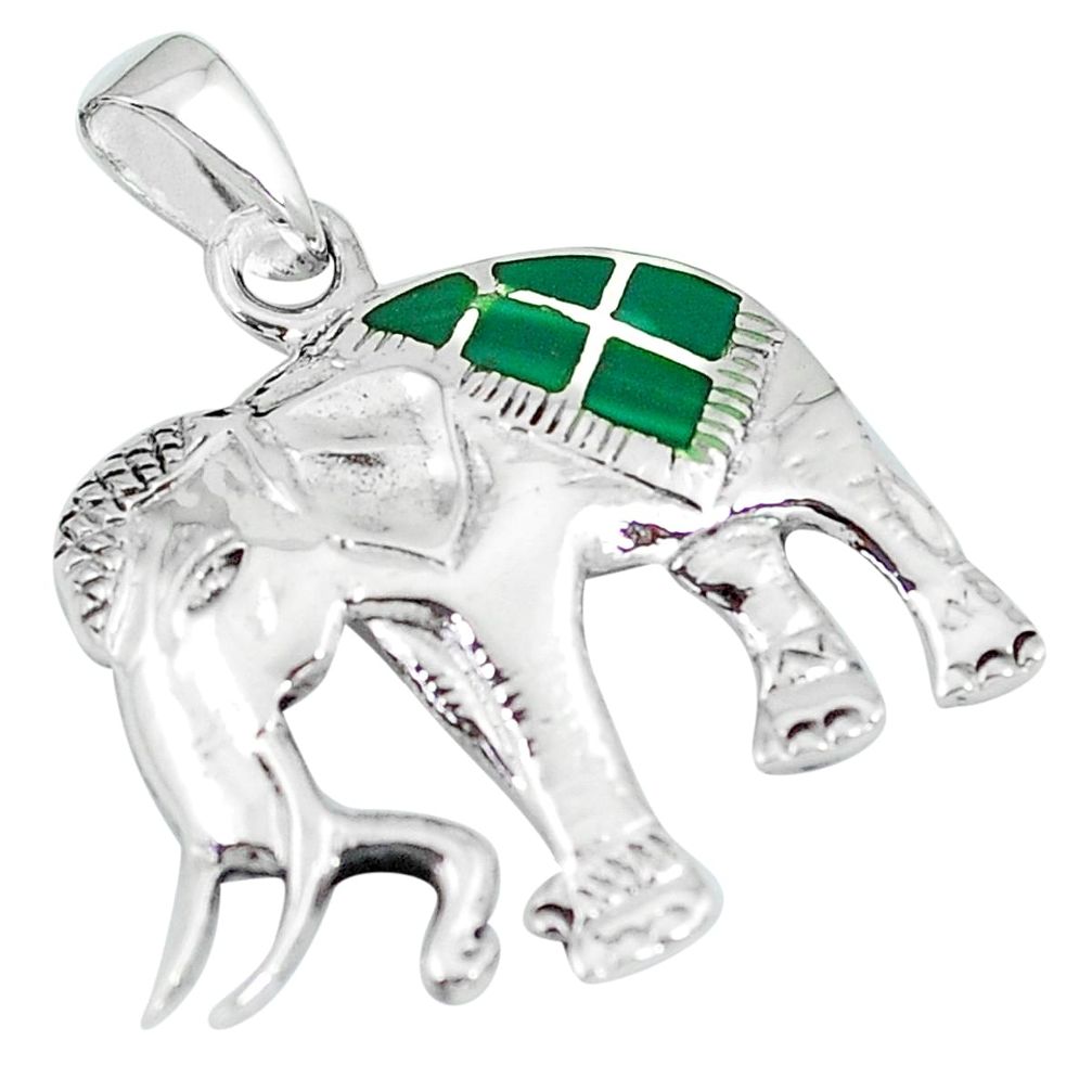 925 silver 2.89gms malachite (pilot's stone) enamel elephant pendant a88340