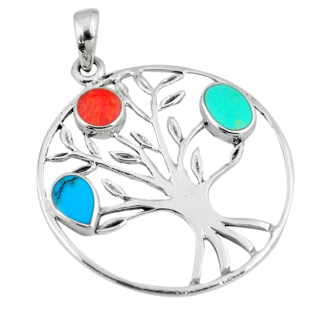 3.69gms fine blue turquoise coral enamel 925 silver tree of life pendant a88348