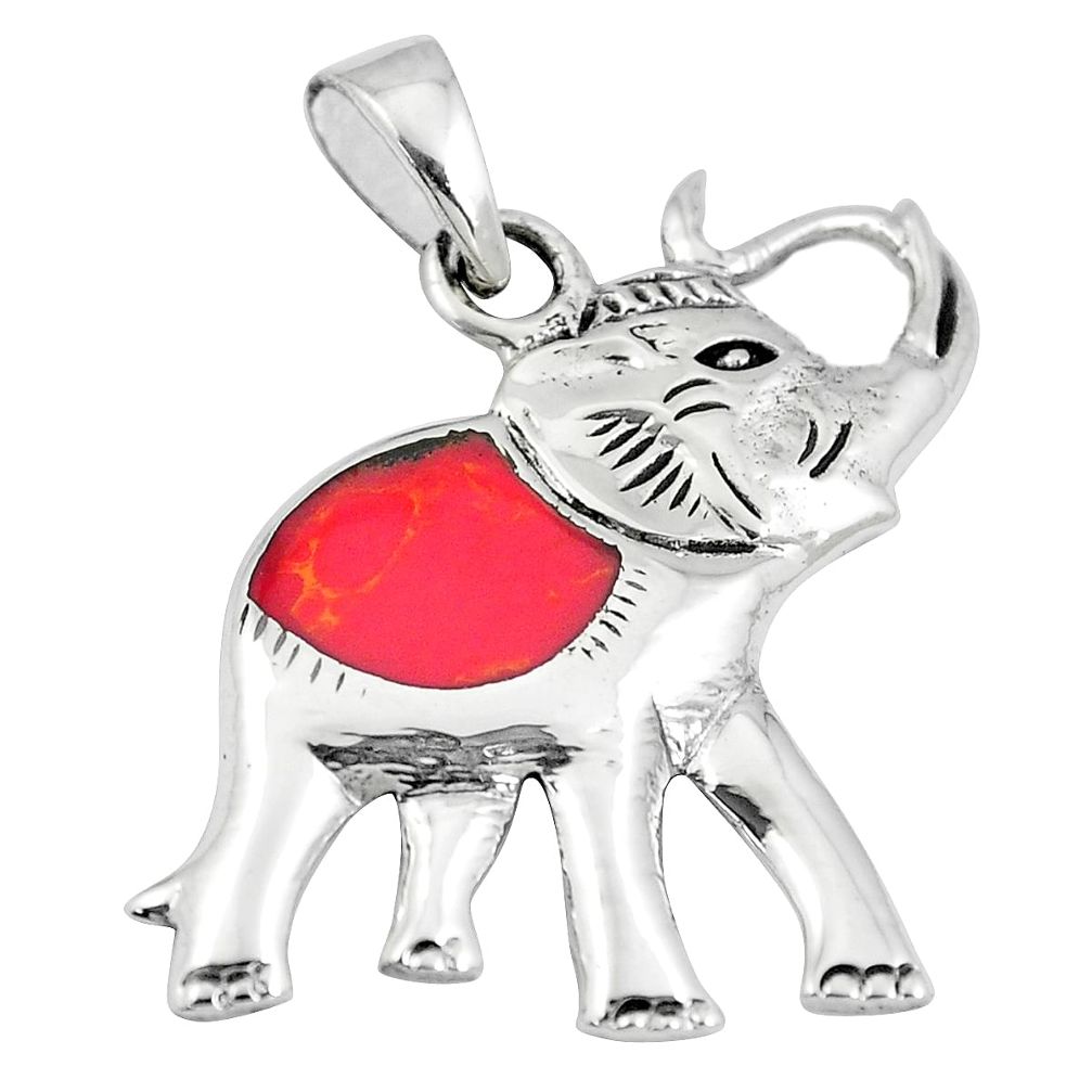 3.02gms red coral enamel 925 sterling silver elephant pendant jewelry a88353