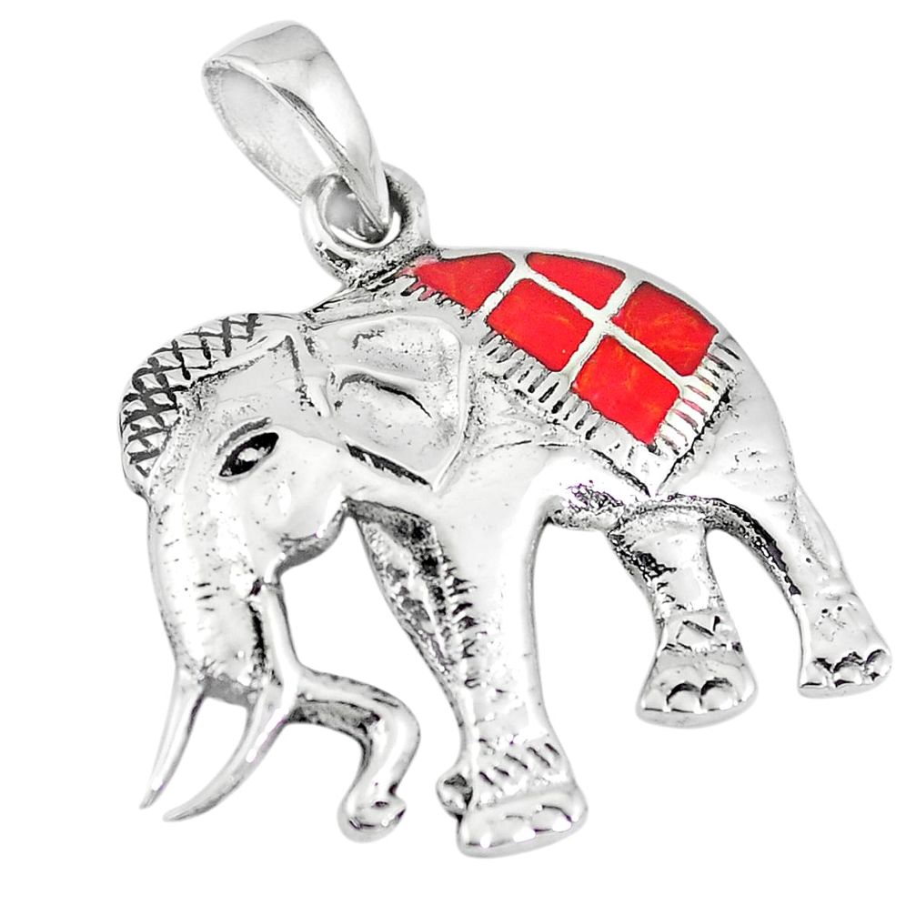 3.26gms red coral enamel 925 sterling silver elephant pendant jewelry a88384