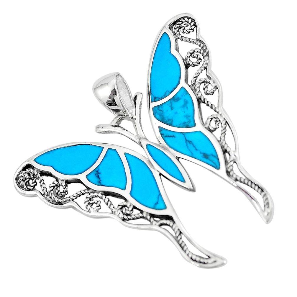 6.26gms fine blue turquoise enamel 925 sterling silver butterfly pendant a88467