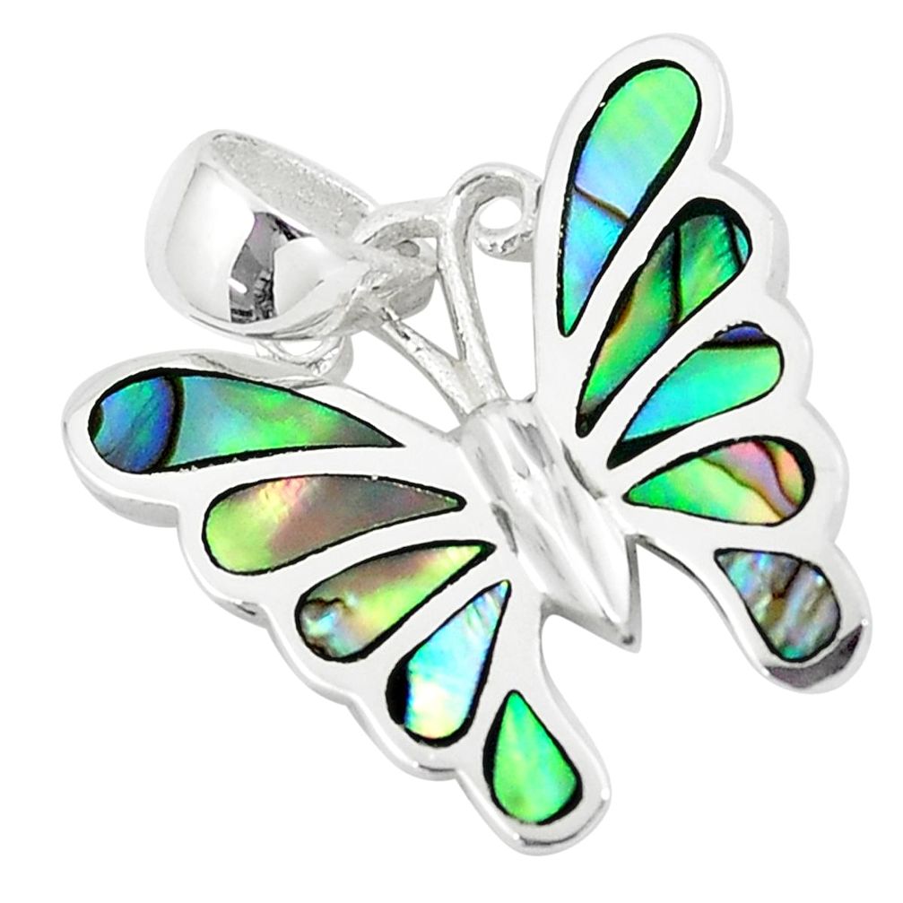 3.87gms green abalone paua seashell 925 silver butterfly pendant a88484