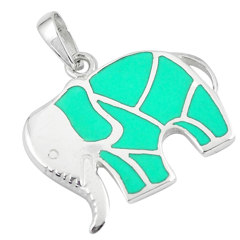 3.89gms fine green turquoise enamel 925 sterling silver elephant pendant a88587