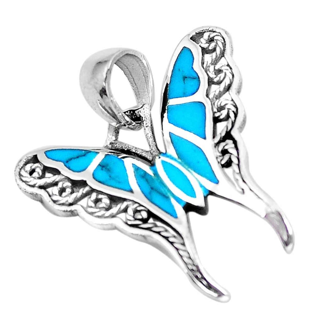 3.69gms fine blue turquoise enamel 925 sterling silver butterfly pendant a88619