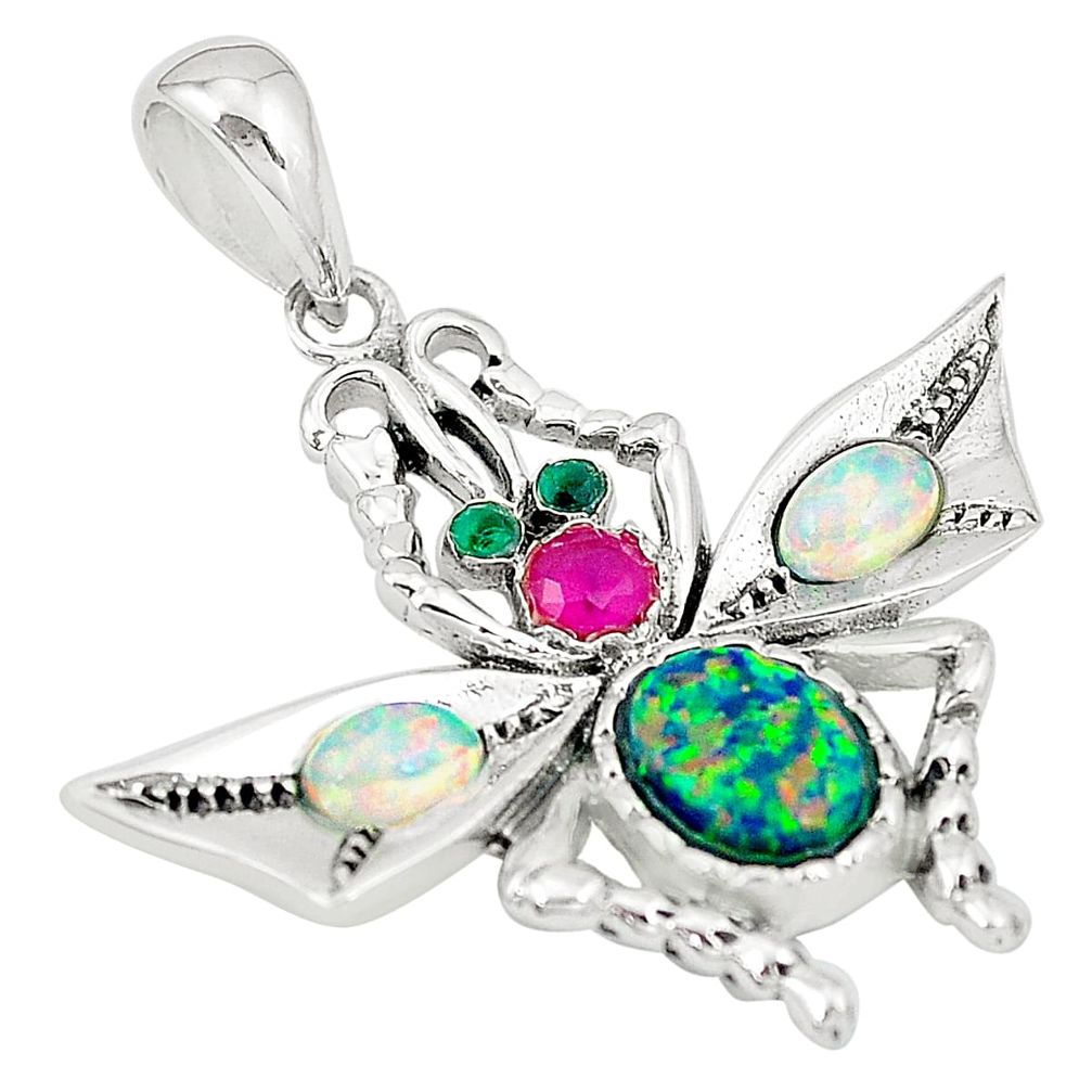 3.89cts green australian opal (lab) emerald 925 silver honey bee pendant a89325