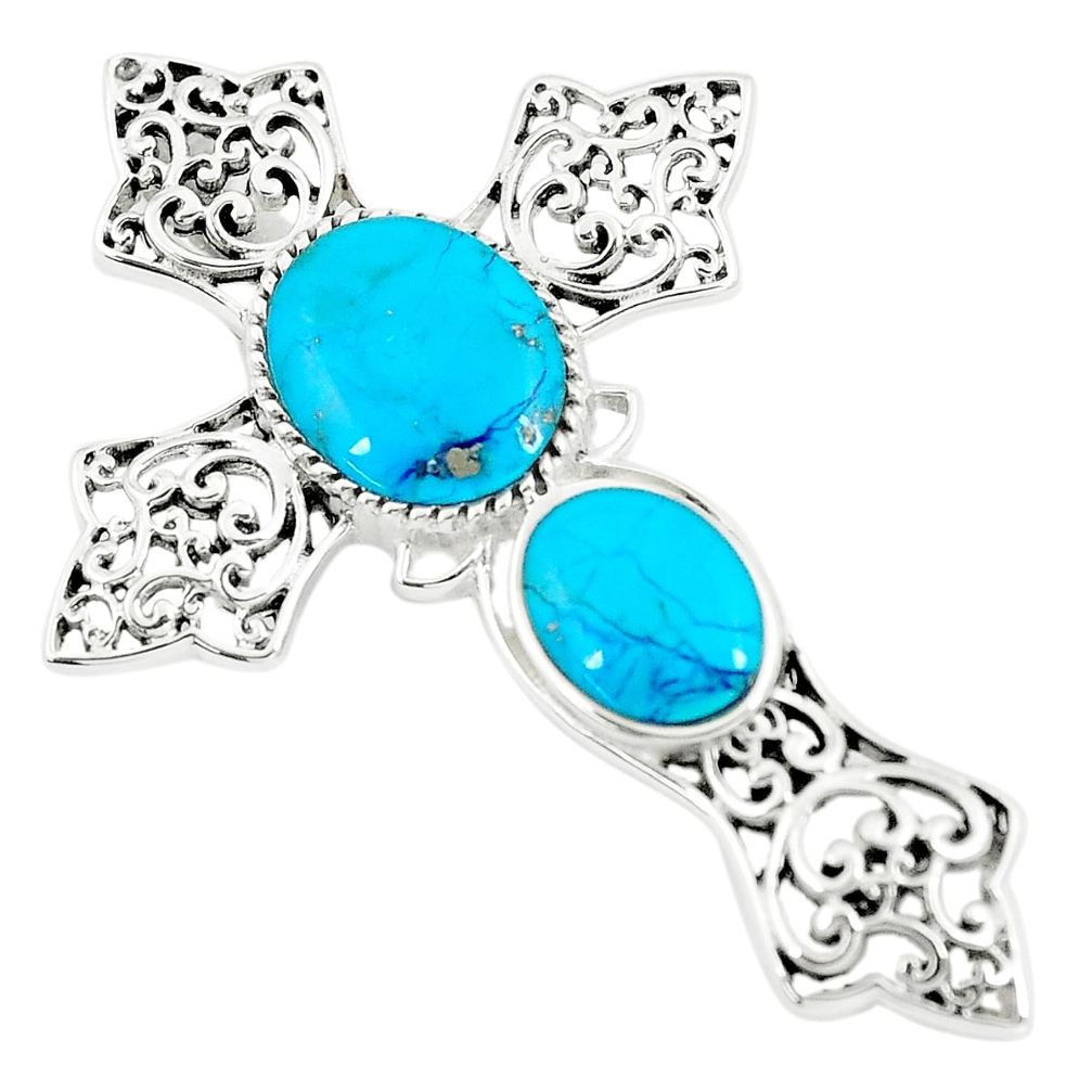 5.82cts blue arizona mohave turquoise 925 silver holy cross pendant a89581