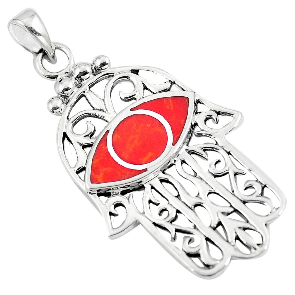 5.02gms red coral enamel 925 sterling silver hand of god hamsa pendant a90781