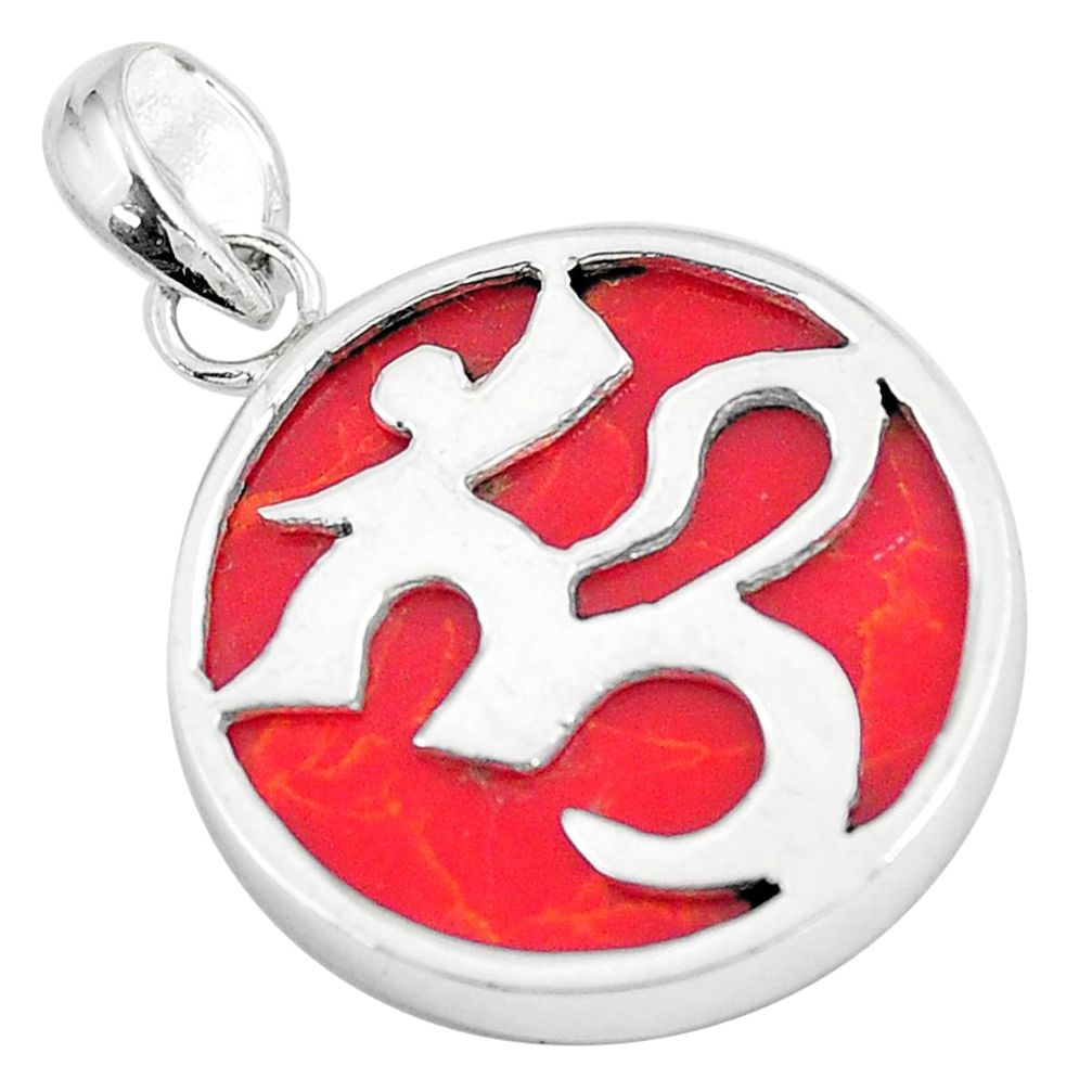 925 sterling silver 8.86cts red coral round om symbol pendant jewelry a90788