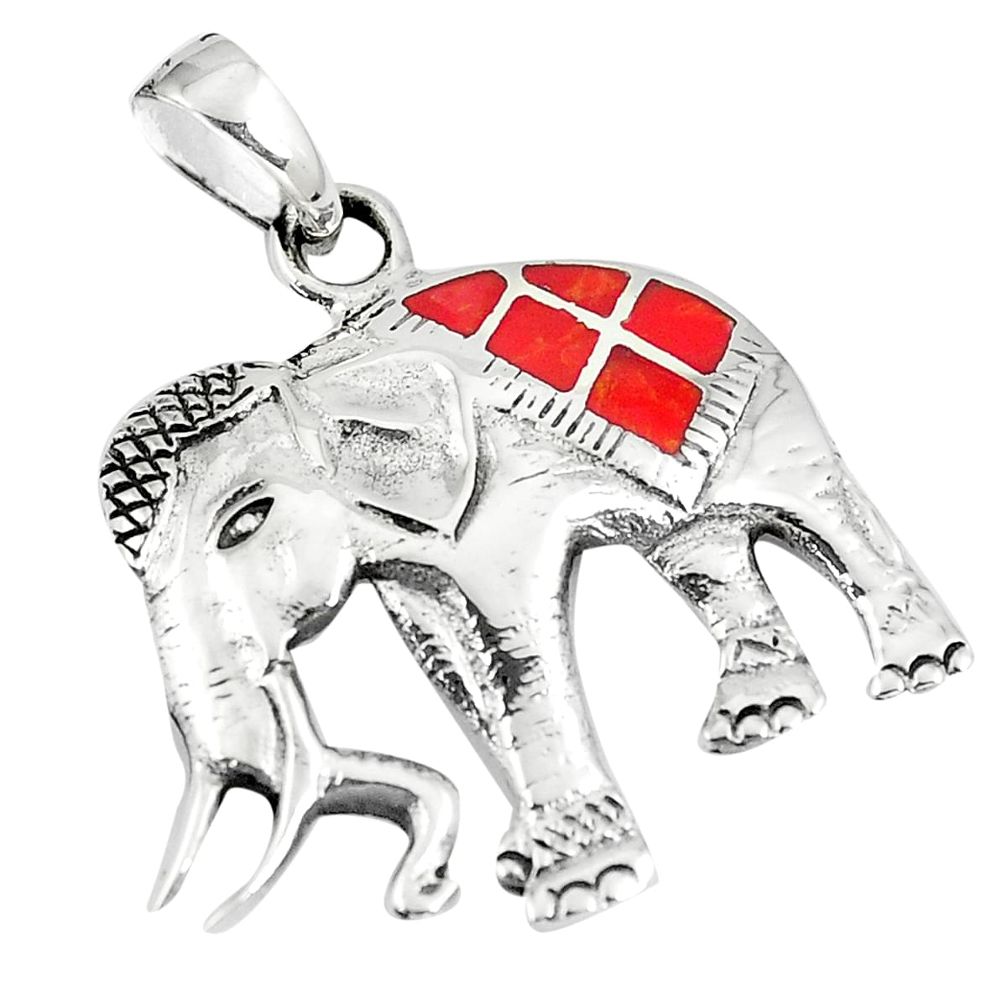 2.87gms red coral enamel 925 sterling silver elephant pendant jewelry a90791
