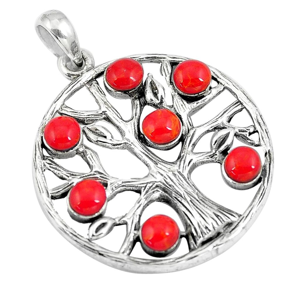 5.63cts red coral round 925 sterling silver tree of life pendant jewelry a90794
