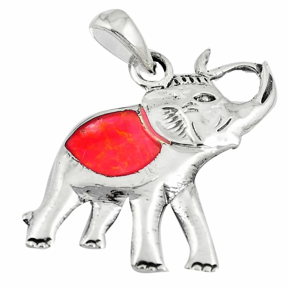 3.02gms red coral enamel 925 sterling silver elephant pendant jewelry a90805