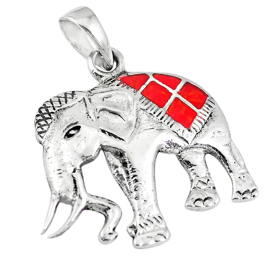 3.26gms red coral enamel 925 sterling silver elephant pendant jewelry a90809