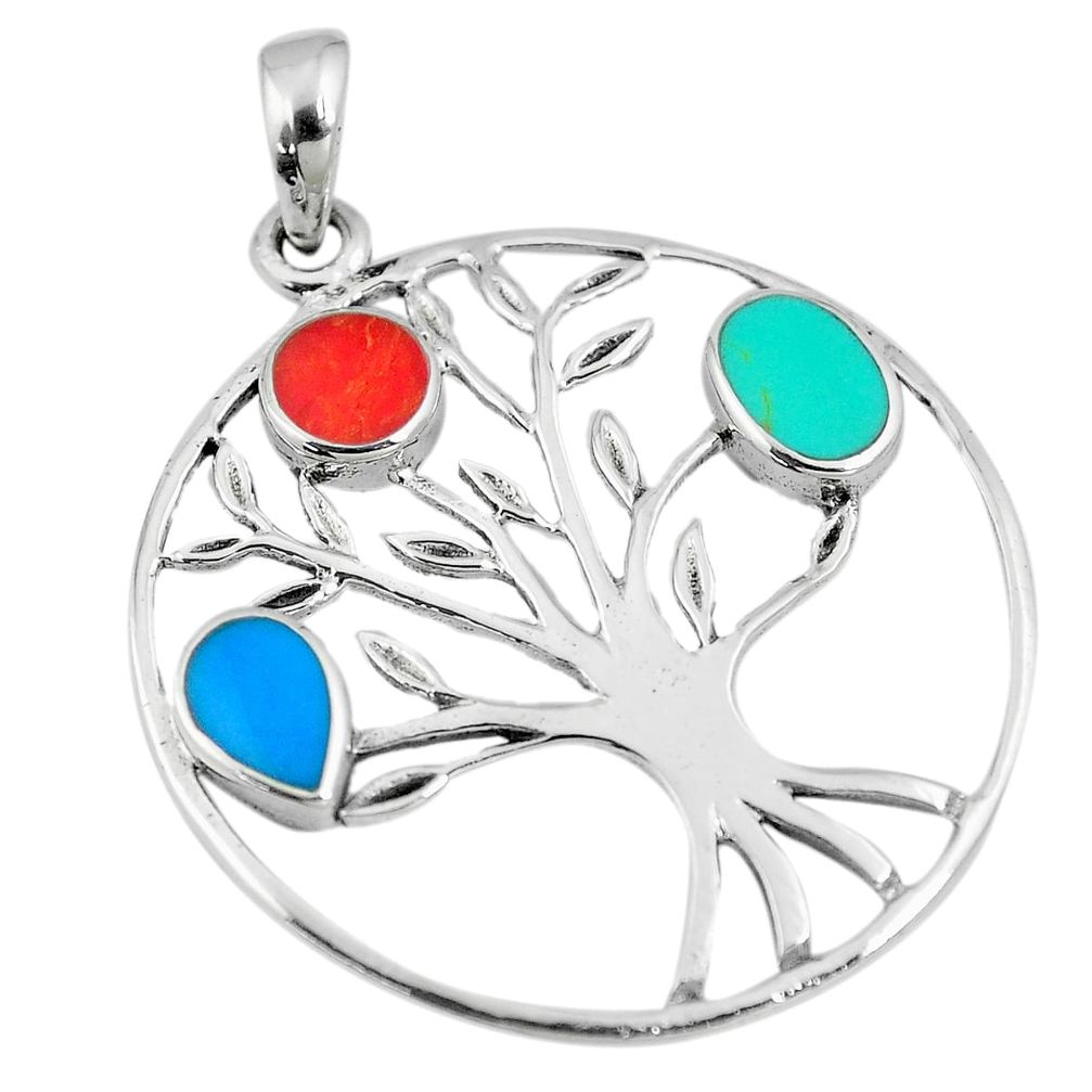 3.26gms fine green turquoise coral enamel 925 silver tree of life pendant a90819