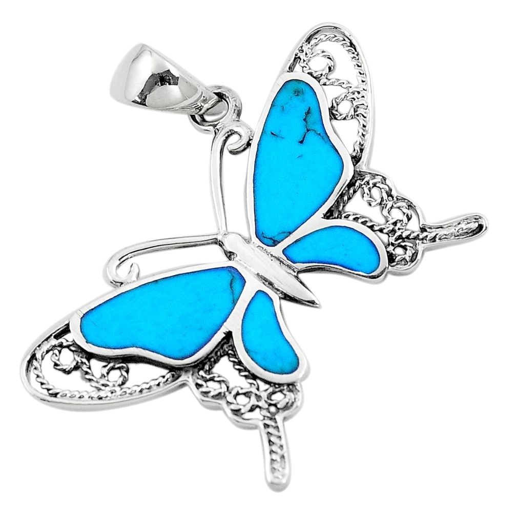 4.69gms fine blue turquoise enamel 925 sterling silver butterfly pendant a91842