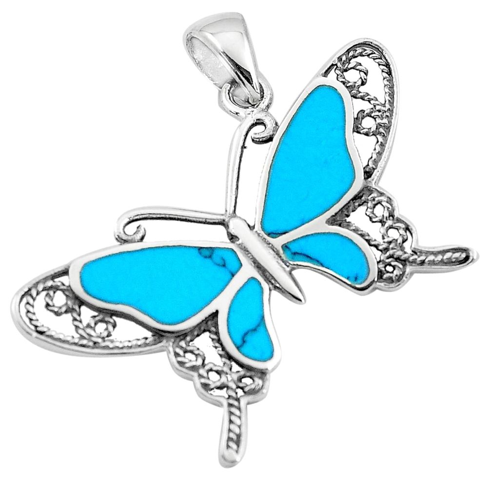 5.63gms fine blue turquoise enamel 925 sterling silver butterfly pendant a91857