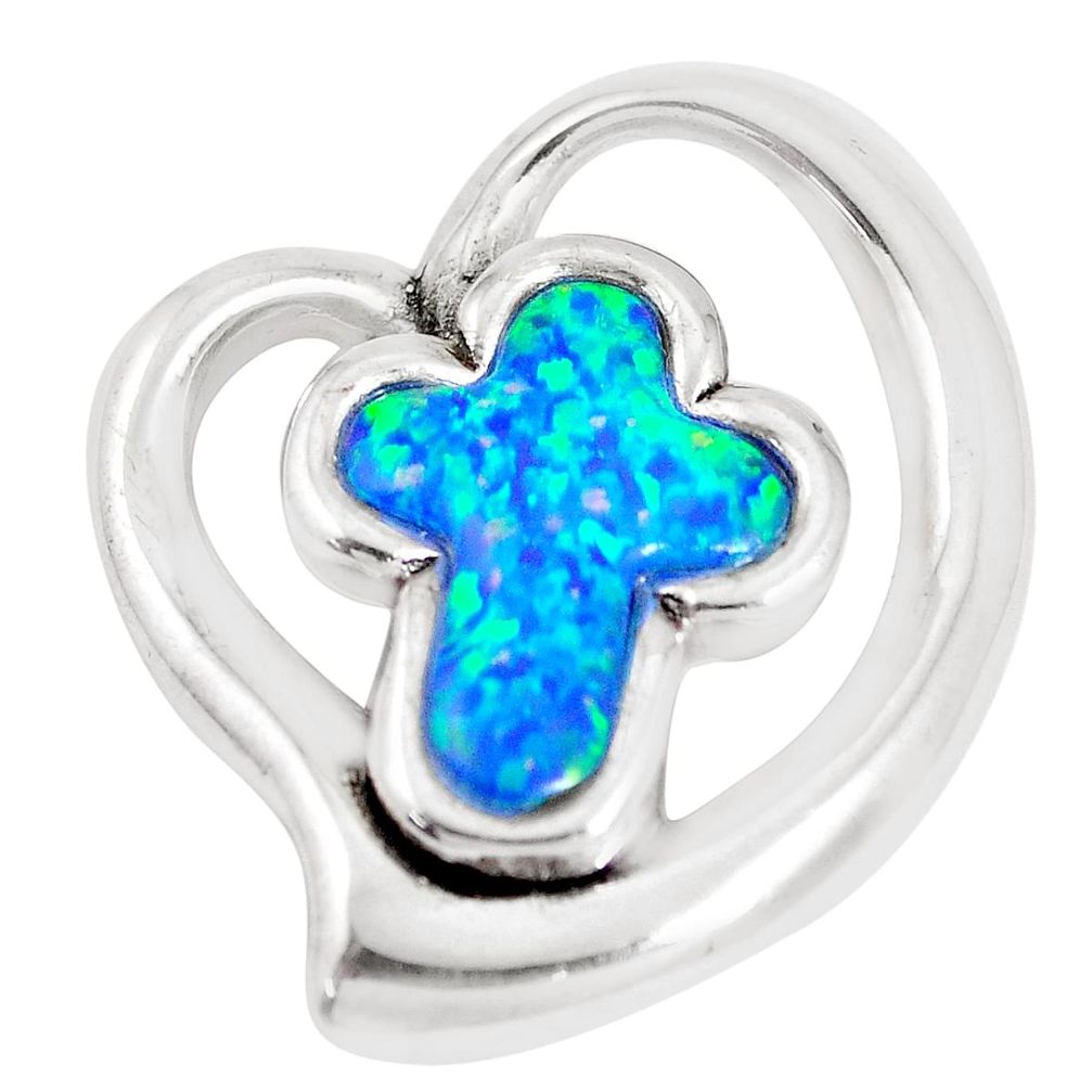 5.63cts blue australian opal (lab) 925 sterling silver holy cross pendant a92776