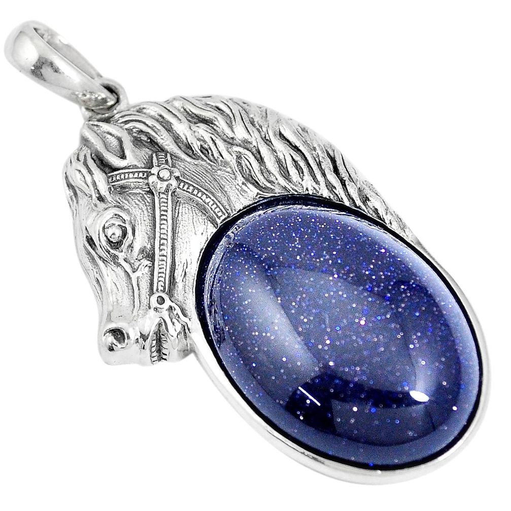 26.38cts natural blue goldstone 925 sterling silver horse pendant jewelry a92888