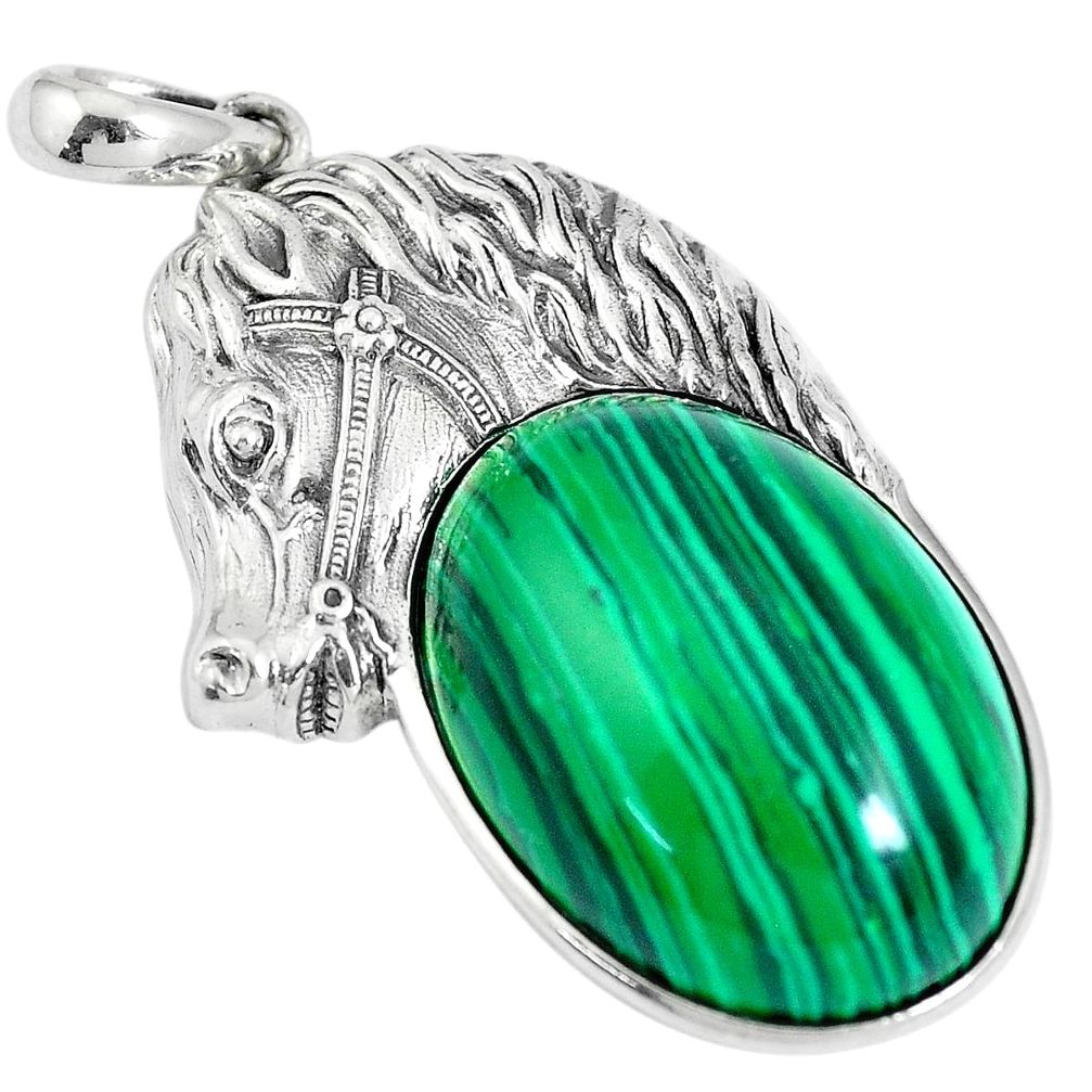 925 silver 26.01cts natural green malachite (pilot's stone) horse pendant a92890