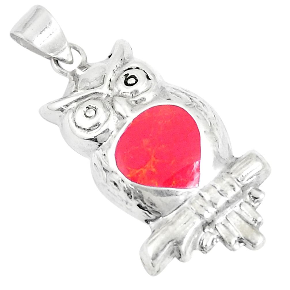 2.69gms red coral enamel 925 sterling silver owl pendant jewelry a93257