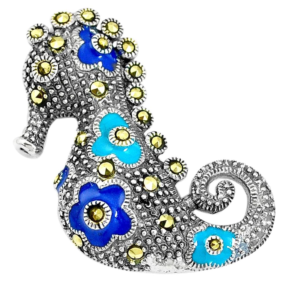 925 sterling silver 8.02gms fine marcasite enamel seahorse pendant a93426