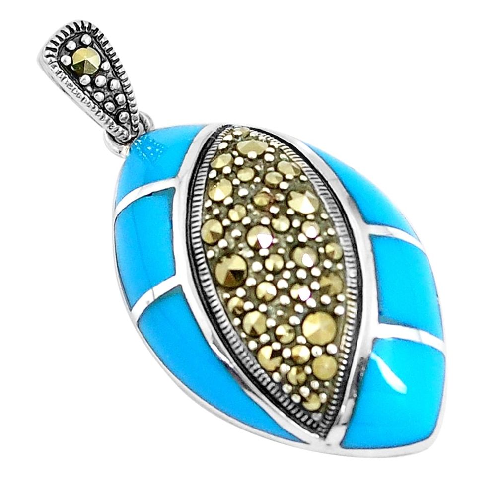 5.63cts blue sleeping beauty turquoise marcasite 925 silver pendant a93455