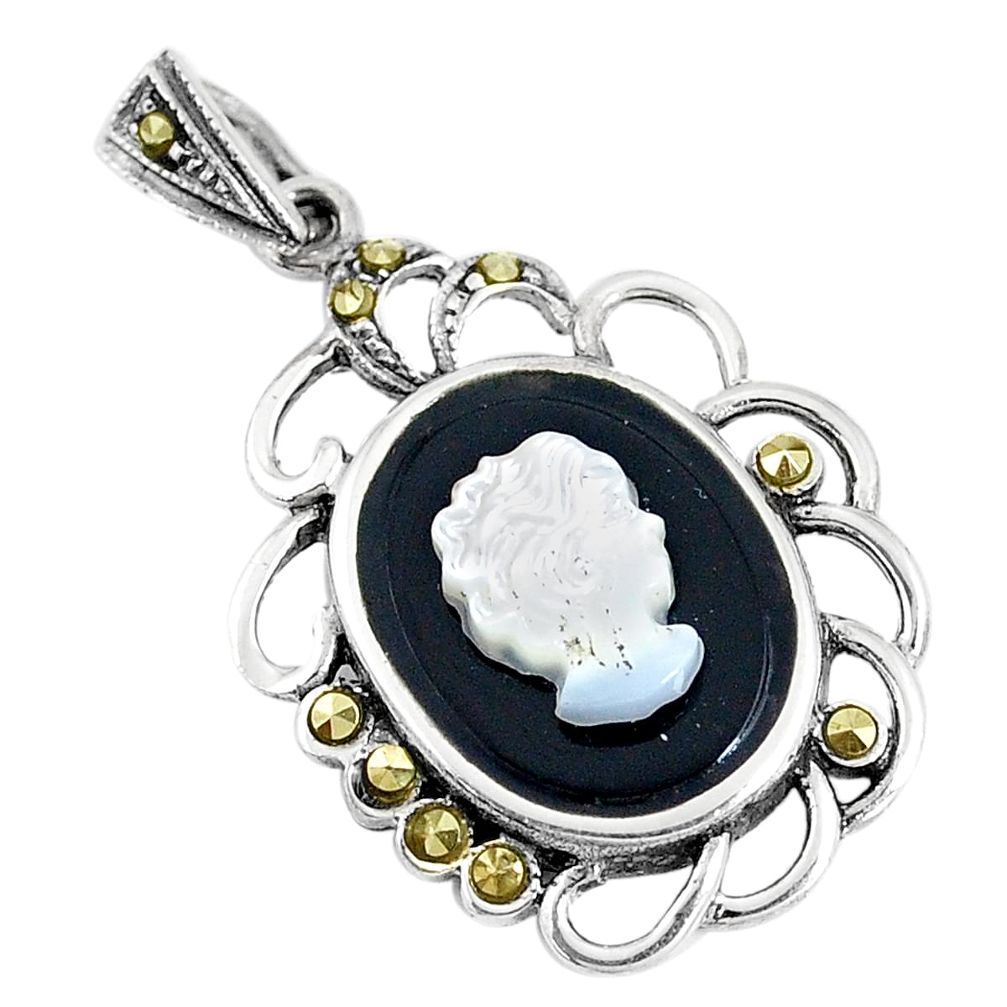 8.05cts natural black onyx pearl cameo face 925 sterling silver pendant a93470
