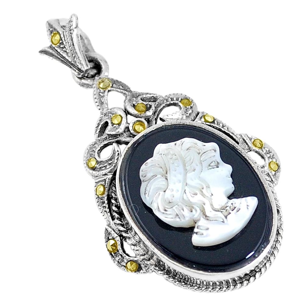 10.24cts natural black onyx pearl cameo face 925 sterling silver pendant a93472