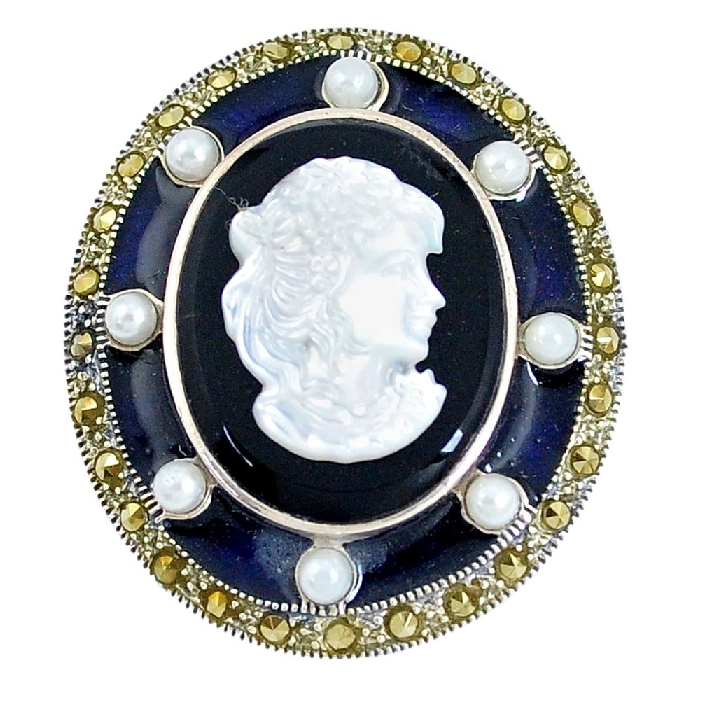 16.40cts natural black onyx pearl enamel cameo face 925 silver pendant a93474