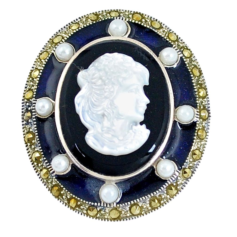 17.16cts natural black onyx pearl enamel cameo face 925 silver pendant a93476