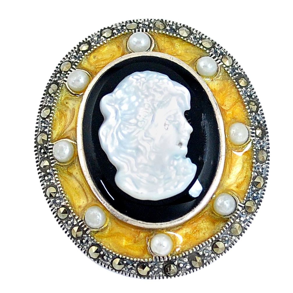 16.11cts natural black onyx pearl enamel cameo face 925 silver pendant a93479