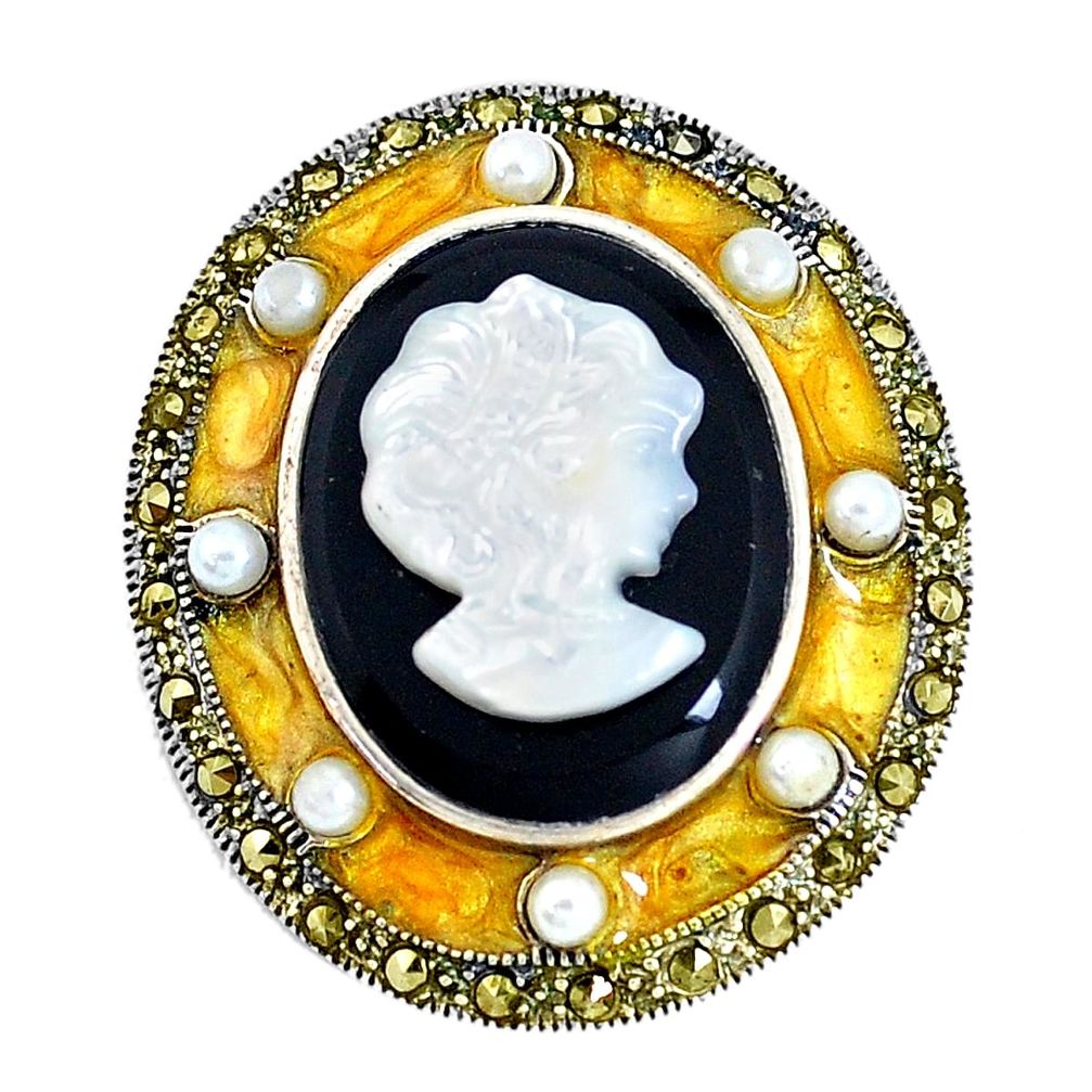 925 silver 16.67cts natural black onyx pearl enamel cameo face pendant a93480