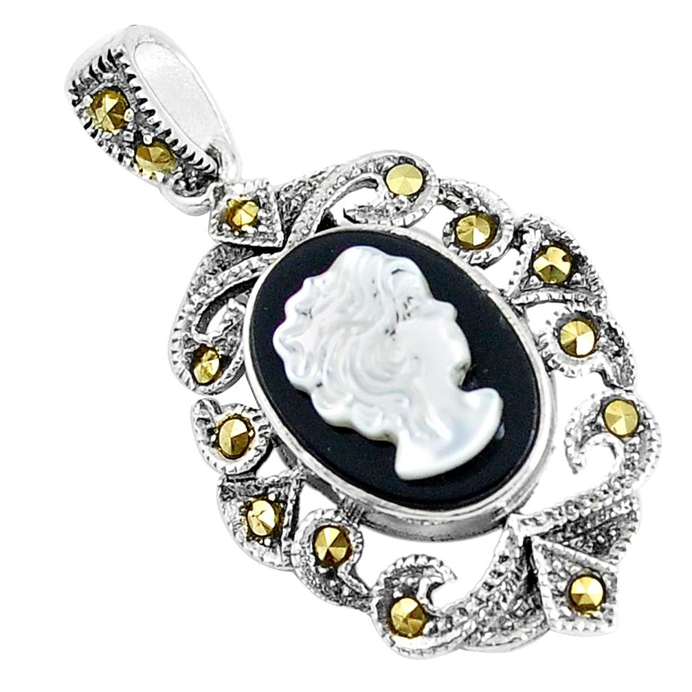 5.63cts natural black onyx pearl cameo face 925 silver pendant jewelry a93481