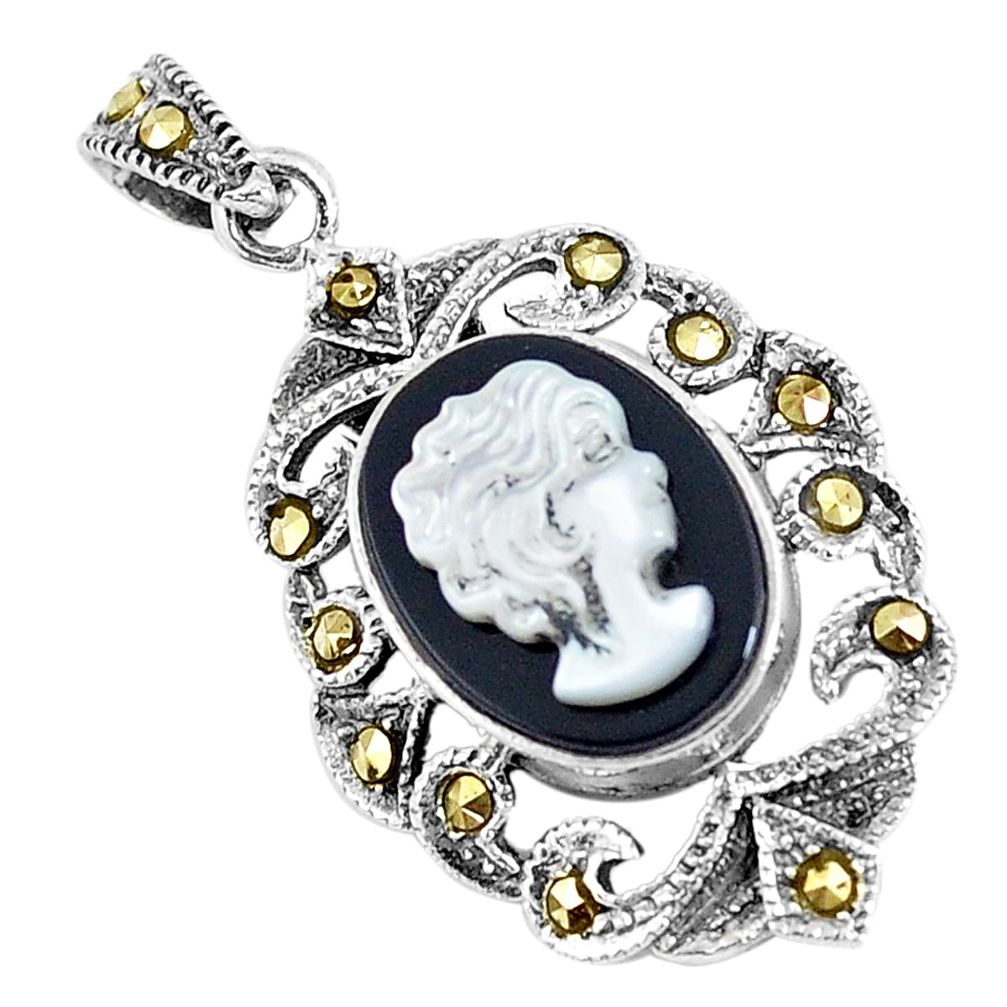 5.96cts natural black onyx pearl cameo face 925 silver pendant jewelry a93482